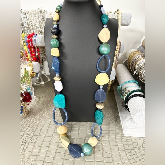 Chico's Long Resin Jade Aventurine Multi Colored Beaded Gold Tone Necklace - Picture 1 of 4
